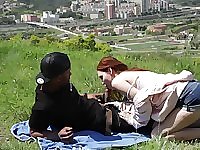 Redhead long haired teen Shelley Bliss swallows a black guy's load