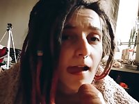 Cute girl make passion blowjob lick balls suck cock and take cum in mouth.