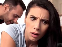 Outstanding dark haired with giant globes is deep-throating a giant manhood before getting it inwards her smoothly-shaven puss
