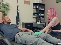 Horny tattooed babe Lady Lazarus gives a blowjob and rides his cock