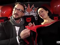 Sultry German brunette Black Sophie has public sex on the bus for Valentines Day