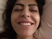 Brunette gets a facial after a hot blowjob and pussy fuck